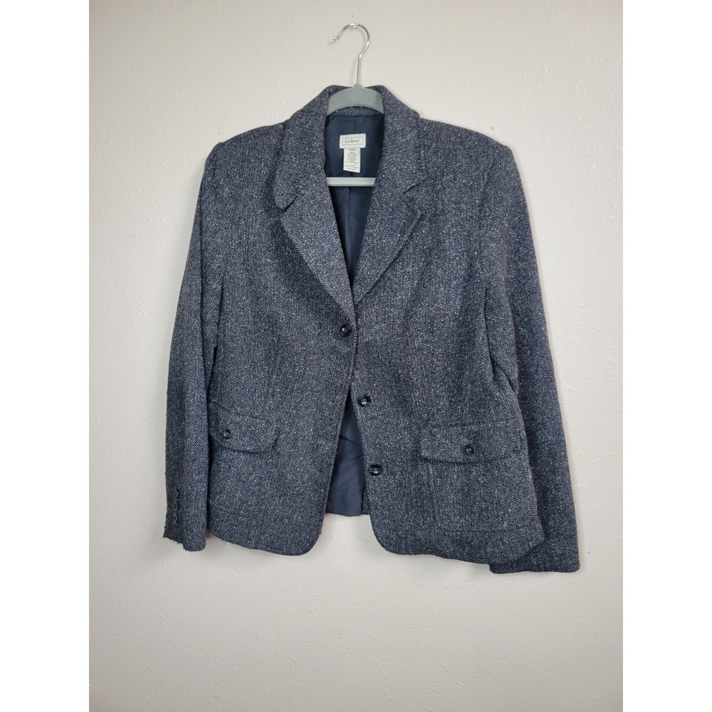 LL Bean Women's Tweed Herringbone Blazer Jacket Size L Gray Wool Blend